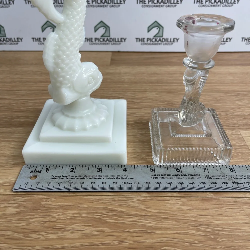 Vintage Milk Glass and Clear Glass Dolphin Koi Fish Candlestick Holders Set 2